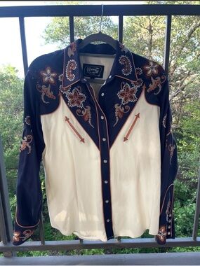H bar C Ranchwear Women’s Navy & Cream Western Embroidered Button-Down Shirt